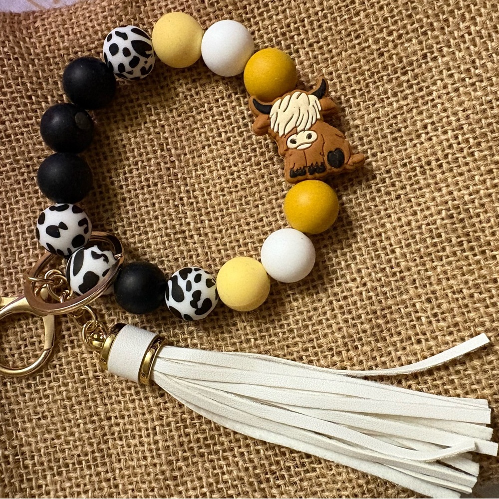 Yellow and Black Beaded Kids Keychain with Tassel